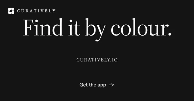 Social ad for Curatively: "Find it by colour." Editorial style, smallcaps layout, dark palette in black.