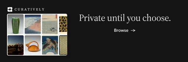 X header for Curatively: "Private until you choose." Minimal luxury style, skeleton layout, dark palette in black, grey.