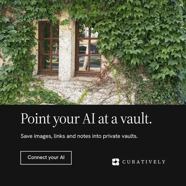 Instagram post for Curatively: "Point your AI at a vault." Editorial style, bottom layout, dark palette in green, black, grey.