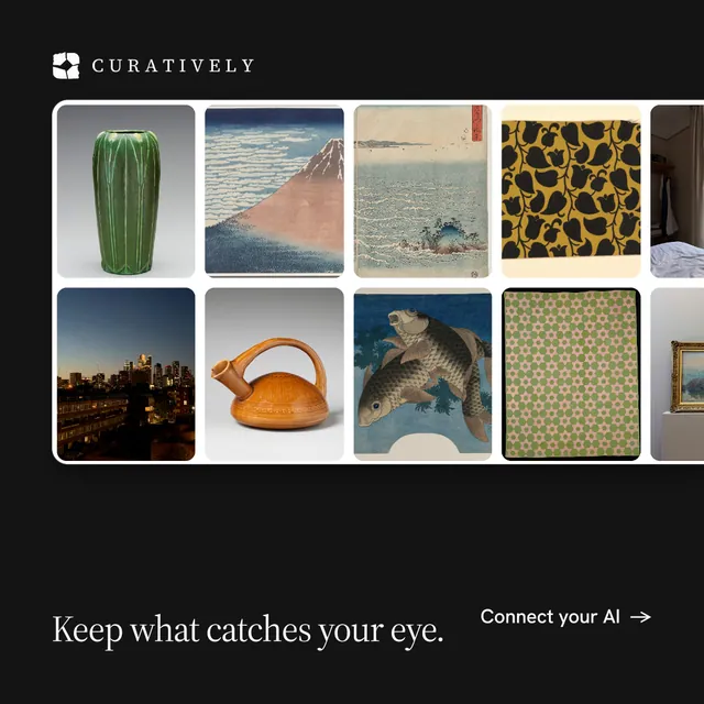 Instagram post for Curatively: "Keep what catches your eye." Photo poster style, image led layout, dark palette in black, grey.