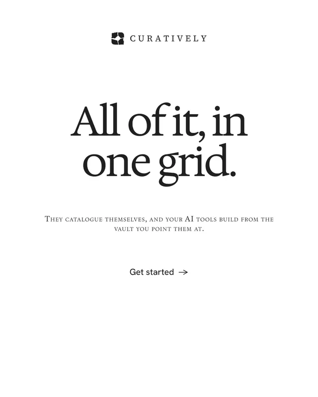 Instagram portrait post for Curatively: "All of it, in one grid." Swiss style, smallcaps layout, light palette in white.