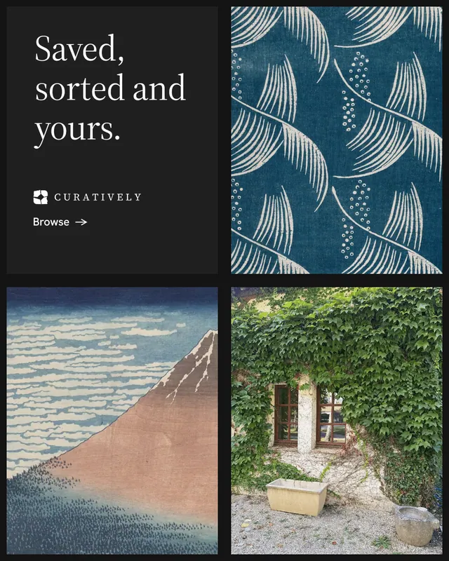 Instagram portrait post for Curatively: "Saved, sorted and yours." Minimal luxury style, collage layout, dark palette in black, teal, grey.