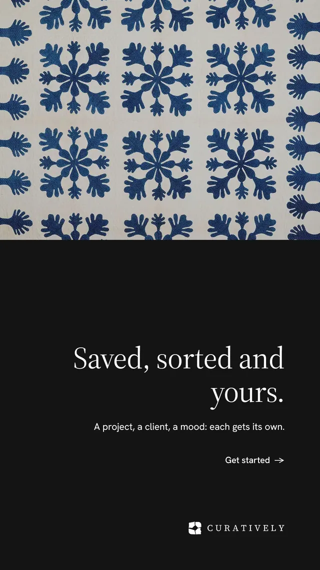 Instagram story for Curatively: "Saved, sorted and yours." Minimal luxury style, right layout, dark palette in black, grey, blue.