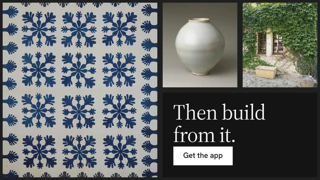 Landscape graphic for Curatively: "Then build from it." Split block style, collage layout, dark palette in grey, black.