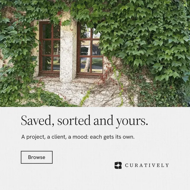 Instagram post for Curatively: "Saved, sorted and yours." Editorial style, bottom layout, light palette in green, white, grey.