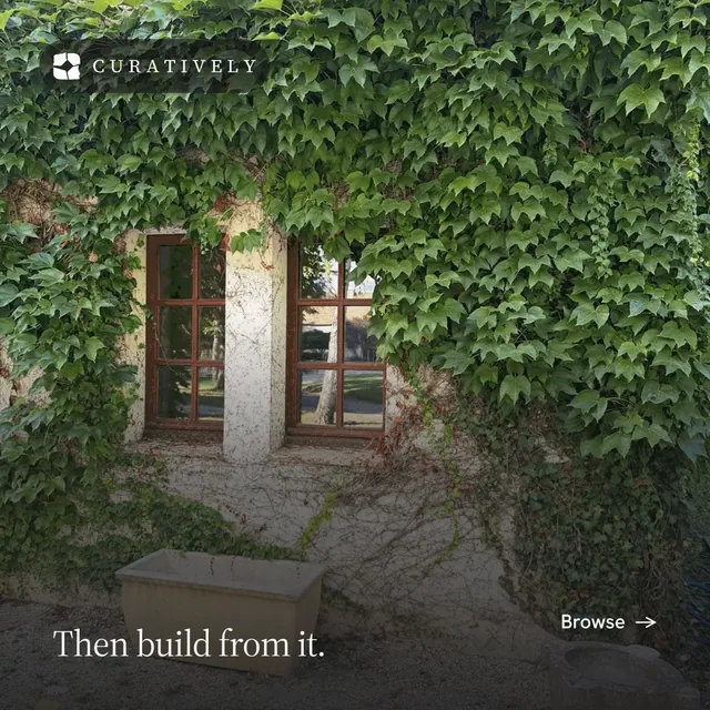 Instagram post for Curatively: "Then build from it." Photo poster style, image led layout, dark palette in black, green, grey.
