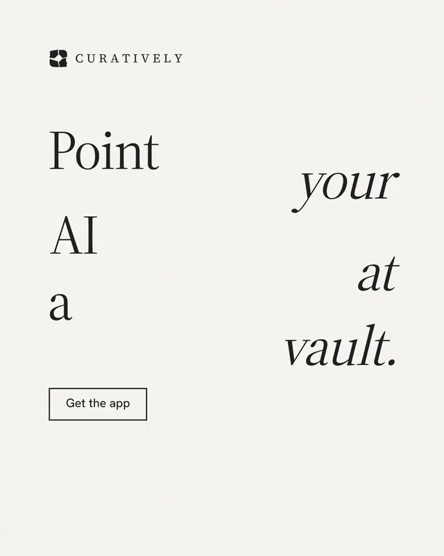 Instagram portrait post for Curatively: "Point your AI at a vault." Editorial style, stacked layout, light palette in white.