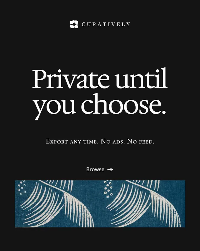 Instagram portrait post for Curatively: "Private until you choose." Swiss style, smallcaps layout, dark palette in black, grey.