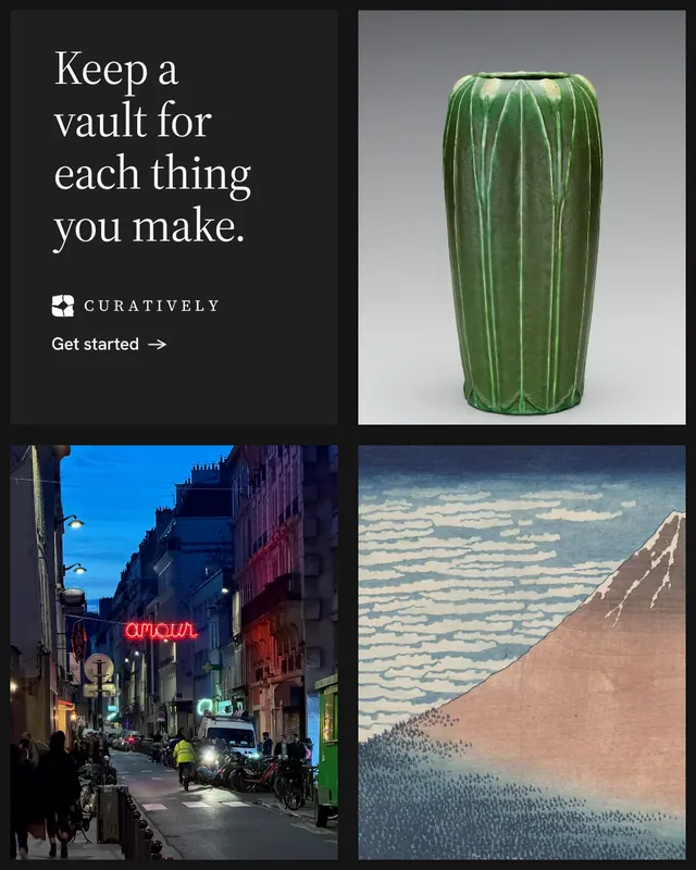 Instagram portrait post for Curatively: "Keep a vault for each thing you make." Minimal luxury style, collage layout, dark palette in grey, black.