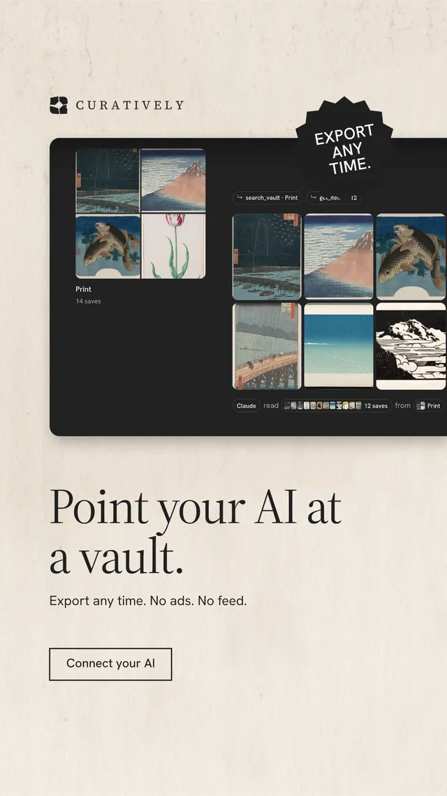 Instagram story for Curatively: "Point your AI at a vault." Editorial style, sticker layout, light palette in orange, black, grey.
