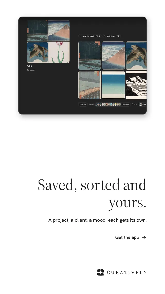 Instagram story for Curatively: "Saved, sorted and yours." Minimal luxury style, right layout, light palette in white, black, grey.