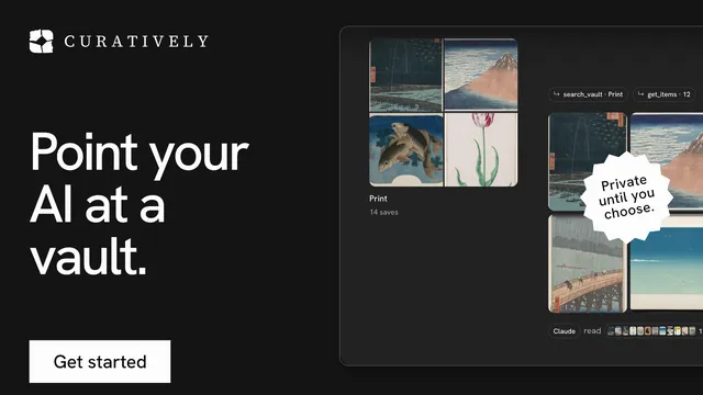 Landscape graphic for Curatively: "Point your AI at a vault." Swiss style, sticker layout, dark palette in black, grey.