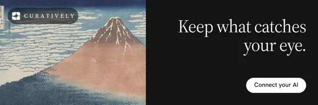 X header for Curatively: "Keep what catches your eye." Photo poster style, right layout, dark palette in black, grey.