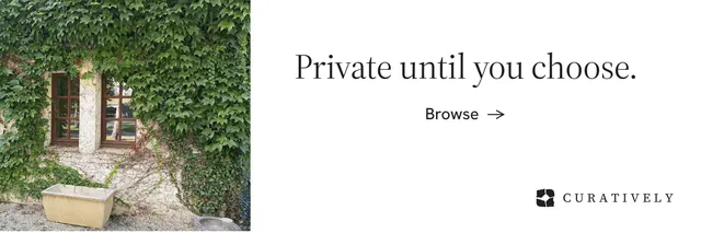 X header for Curatively: "Private until you choose." Minimal luxury style, skeleton layout, light palette in white, green, grey.