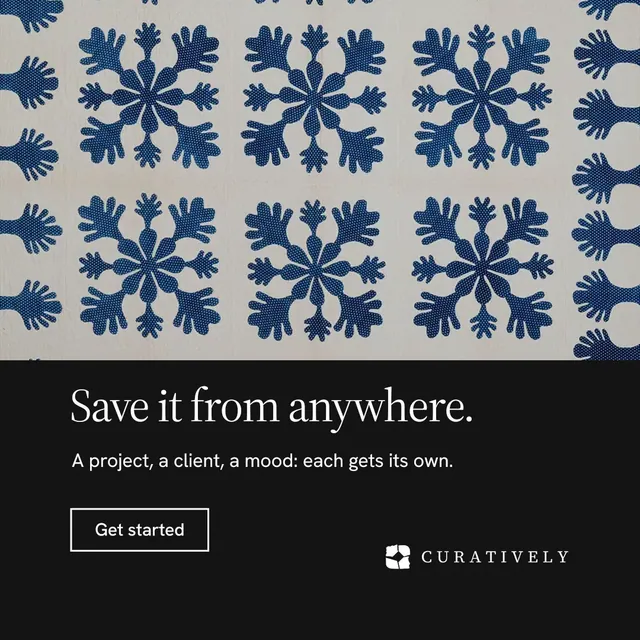 Instagram post for Curatively: "Save it from anywhere." Editorial style, bottom layout, dark palette in black, grey, blue.