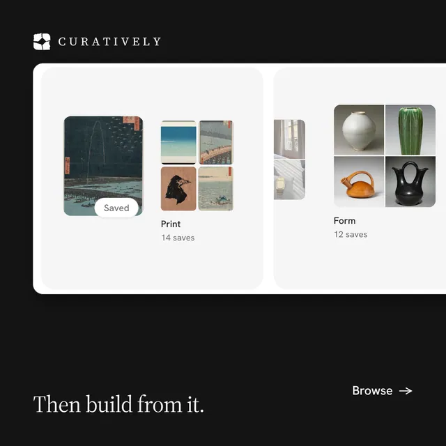 Instagram post for Curatively: "Then build from it." Photo poster style, image led layout, light palette in black, white, grey.