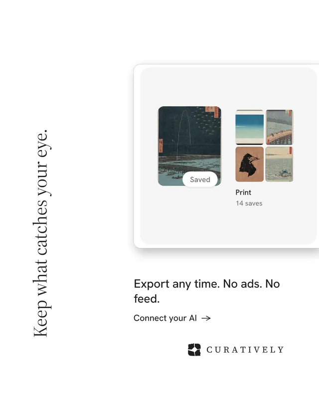 Instagram portrait post for Curatively: "Keep what catches your eye." Minimal luxury style, vertical layout, light palette in white, grey.