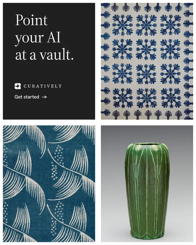 Instagram portrait post for Curatively: "Point your AI at a vault." Minimal luxury style, collage layout, light palette in grey, black, white.