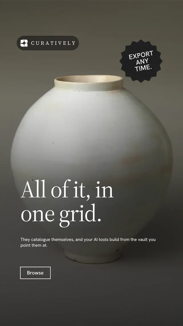 Instagram story for Curatively: "All of it, in one grid." Editorial style, sticker layout, dark palette in black, grey.