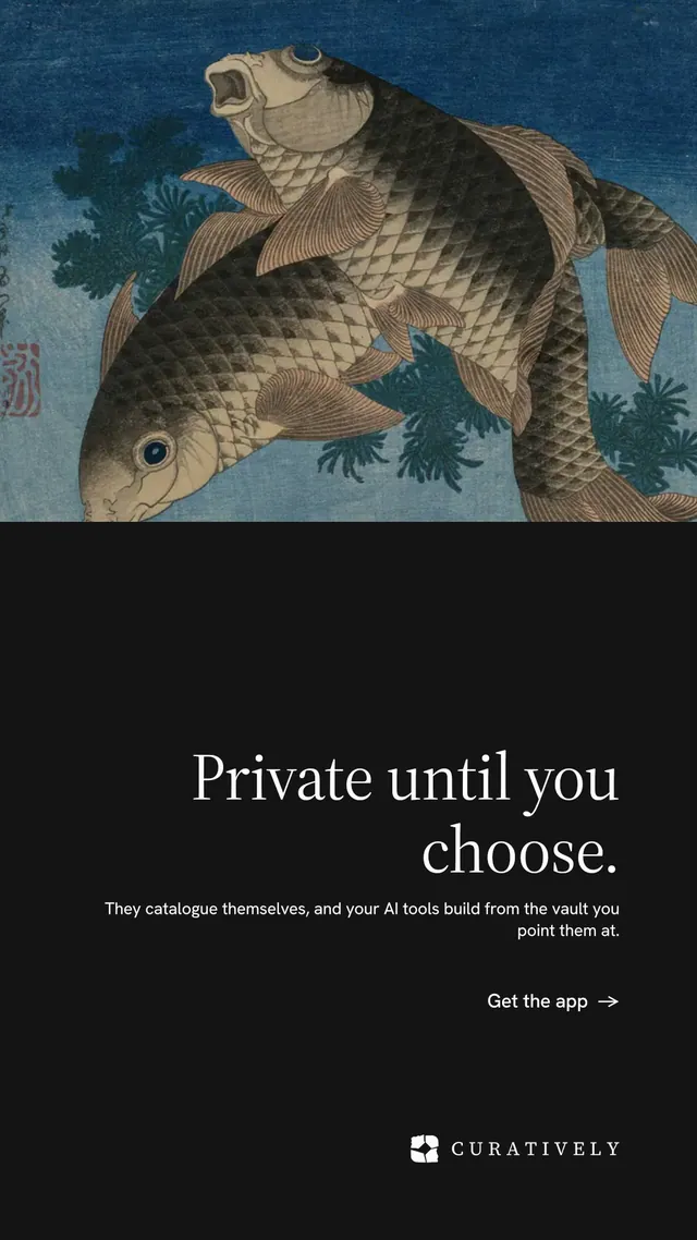 Instagram story for Curatively: "Private until you choose." Minimal luxury style, right layout, dark palette in black, blue, grey.