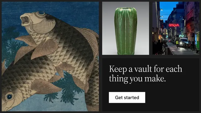 Landscape graphic for Curatively: "Keep a vault for each thing you make." Split block style, collage layout, dark palette in grey, black.