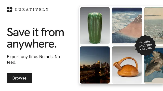 Landscape graphic for Curatively: "Save it from anywhere." Swiss style, sticker layout, light palette in white, grey.