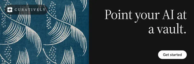 X header for Curatively: "Point your AI at a vault." Photo poster style, right layout, dark palette in black, blue, grey.