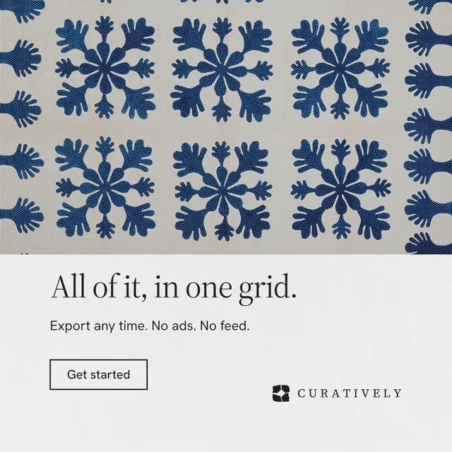 Instagram post for Curatively: "All of it, in one grid." Editorial style, bottom layout, light palette in grey, white, blue.