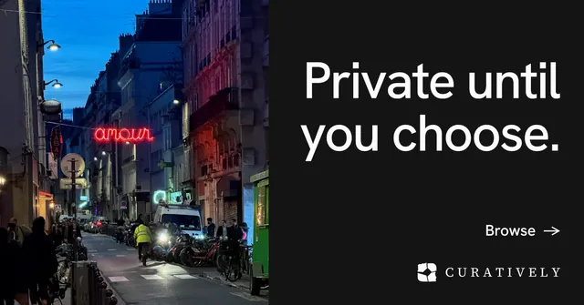 Social ad for Curatively: "Private until you choose." Minimal luxury style, right layout, dark palette in black, blue.