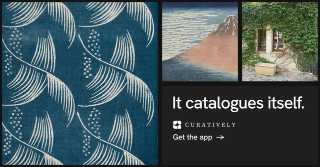 Social ad for Curatively: "It catalogues itself." Minimal luxury style, collage layout, dark palette in black, blue, grey.