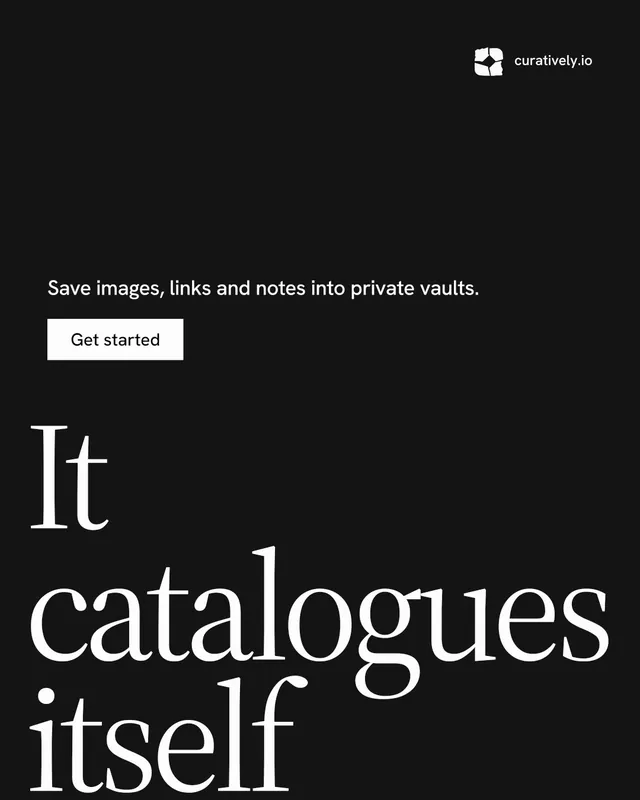 Instagram portrait post for Curatively: "Saved, sorted and yours." Split block style, oversized layout, dark palette in black, grey.