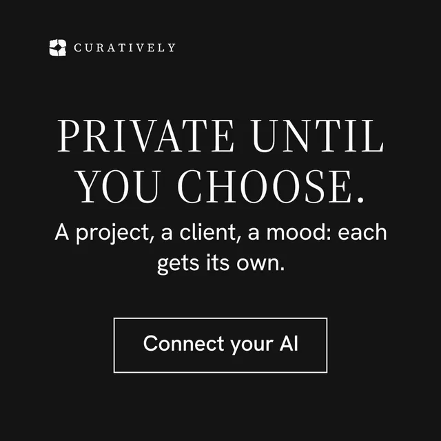 Instagram post for Curatively: "Private until you choose." Editorial style, skeleton layout, dark palette in black, grey.