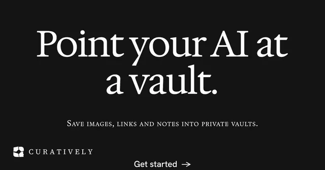 Social ad for Curatively: "Point your AI at a vault." Minimal luxury style, smallcaps layout, dark palette in black.