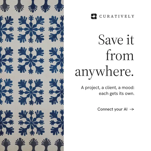 Instagram post for Curatively: "Save it from anywhere." Minimal luxury style, right layout, light palette in white, grey.
