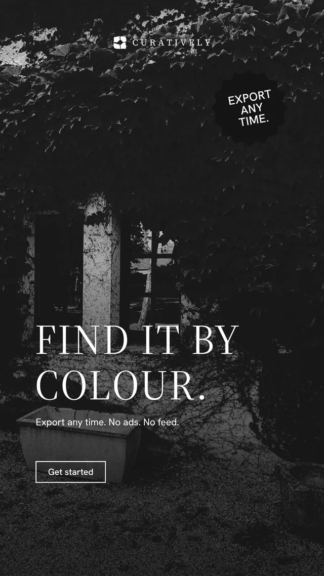 Instagram story for Curatively: "Find it by colour." Editorial style, sticker layout, dark palette in black, grey.