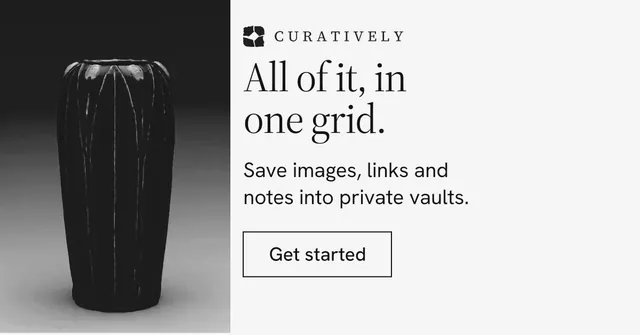 Social ad for Curatively: "All of it, in one grid." Editorial style, skeleton layout, light palette in white, black, grey.