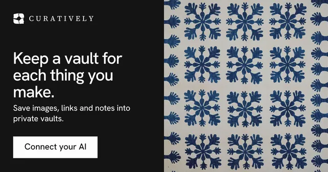 Social ad for Curatively: "Keep a vault for each thing you make." Swiss style, bottom layout, dark palette in black, grey, blue.