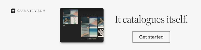 LinkedIn banner for Curatively: "It catalogues itself." Editorial style, skeleton layout, light palette in white, grey.