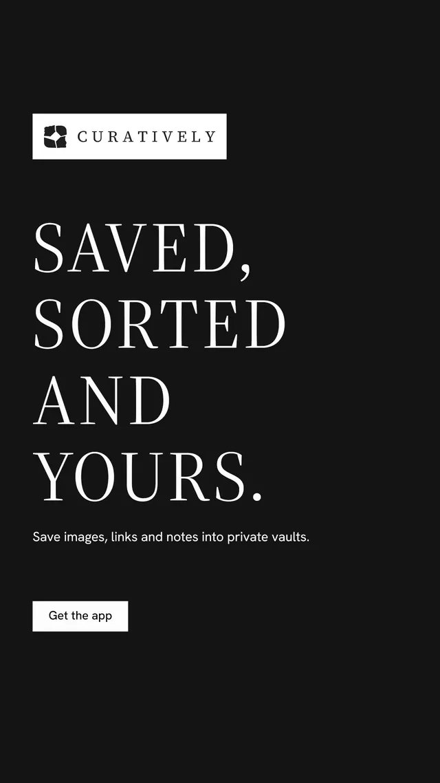 Instagram story for Curatively: "Saved, sorted and yours." Split block style, announce layout, dark palette in black, grey.