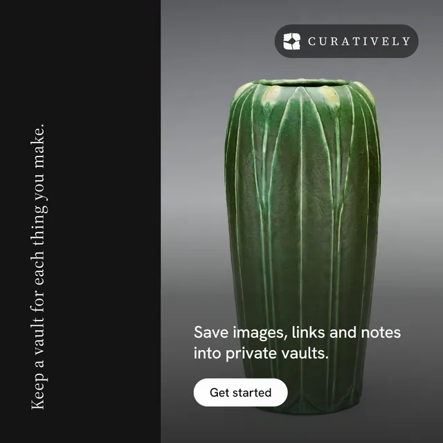 Instagram post for Curatively: "Keep a vault for each thing you make." Photo poster style, vertical layout, dark palette in black, grey.