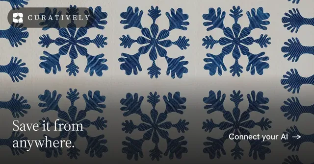 Social ad for Curatively: "Save it from anywhere." Minimal luxury style, image led layout, dark palette in grey, blue.