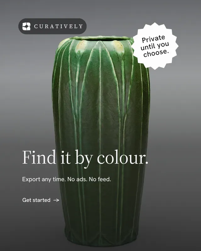 Instagram portrait post for Curatively: "Find it by colour." Minimal luxury style, sticker layout, dark palette in black, grey.