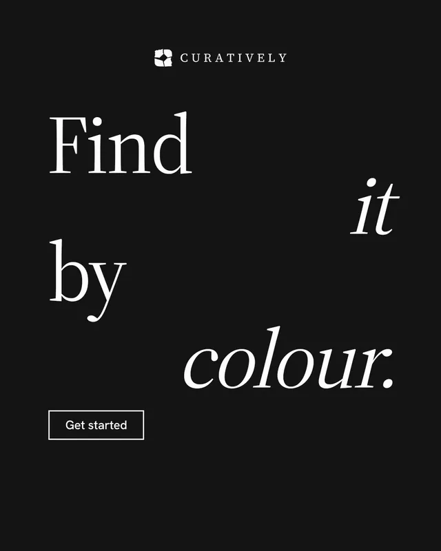 Instagram portrait post for Curatively: "Find it by colour." Editorial style, stacked layout, dark palette in black.