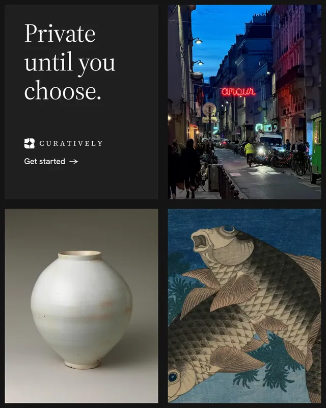 Instagram portrait post for Curatively: "Private until you choose." Minimal luxury style, collage layout, dark palette in grey, black.