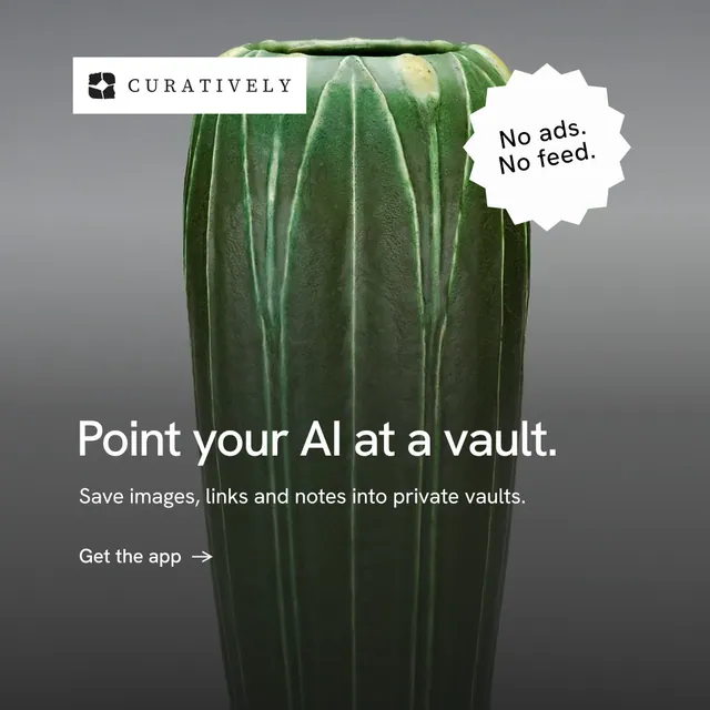 Instagram post for Curatively: "Point your AI at a vault." Minimal luxury style, sticker layout, dark palette in grey, black.
