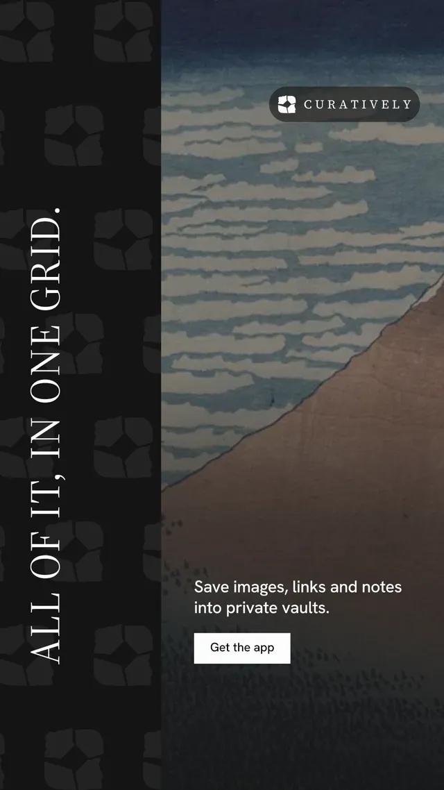 Instagram story for Curatively: "All of it, in one grid." Split block style, vertical layout, dark palette in black, grey.