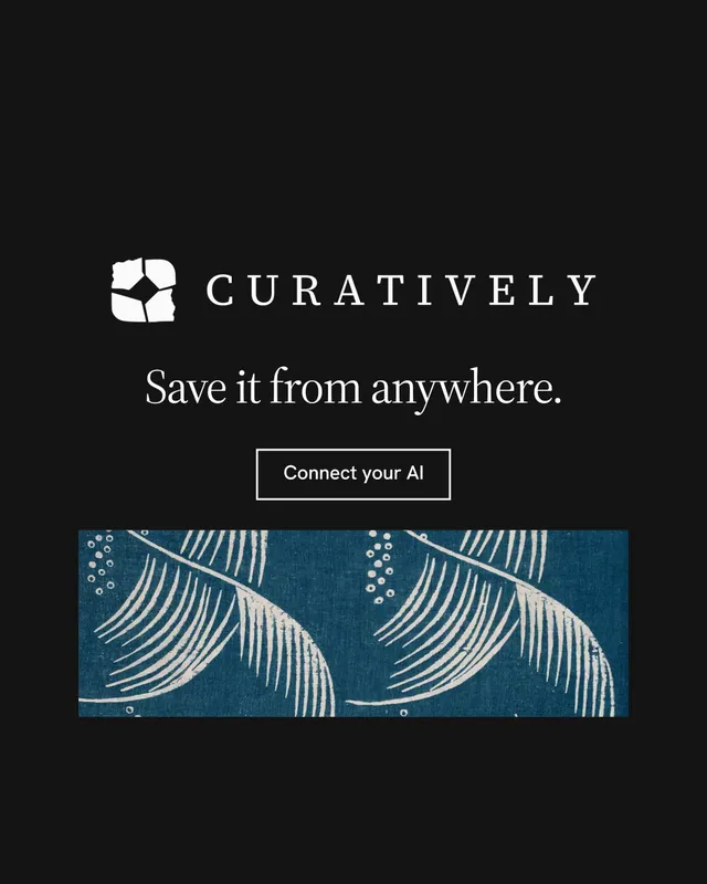 Instagram portrait post for Curatively: "Save it from anywhere." Editorial style, logo hero layout, dark palette in black, blue.
