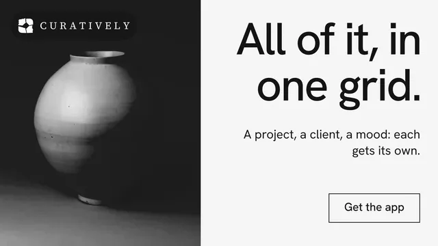 Landscape graphic for Curatively: "All of it, in one grid." Editorial style, right layout, light palette in white, black, grey.