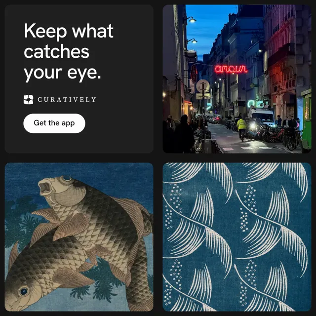Instagram post for Curatively: "Keep what catches your eye." Photo poster style, collage layout, dark palette in blue, grey, black.