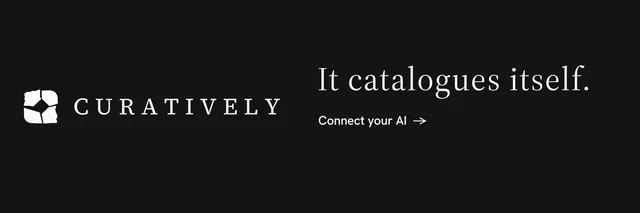 X header for Curatively: "It catalogues itself." Minimal luxury style, logo hero layout, dark palette in black.